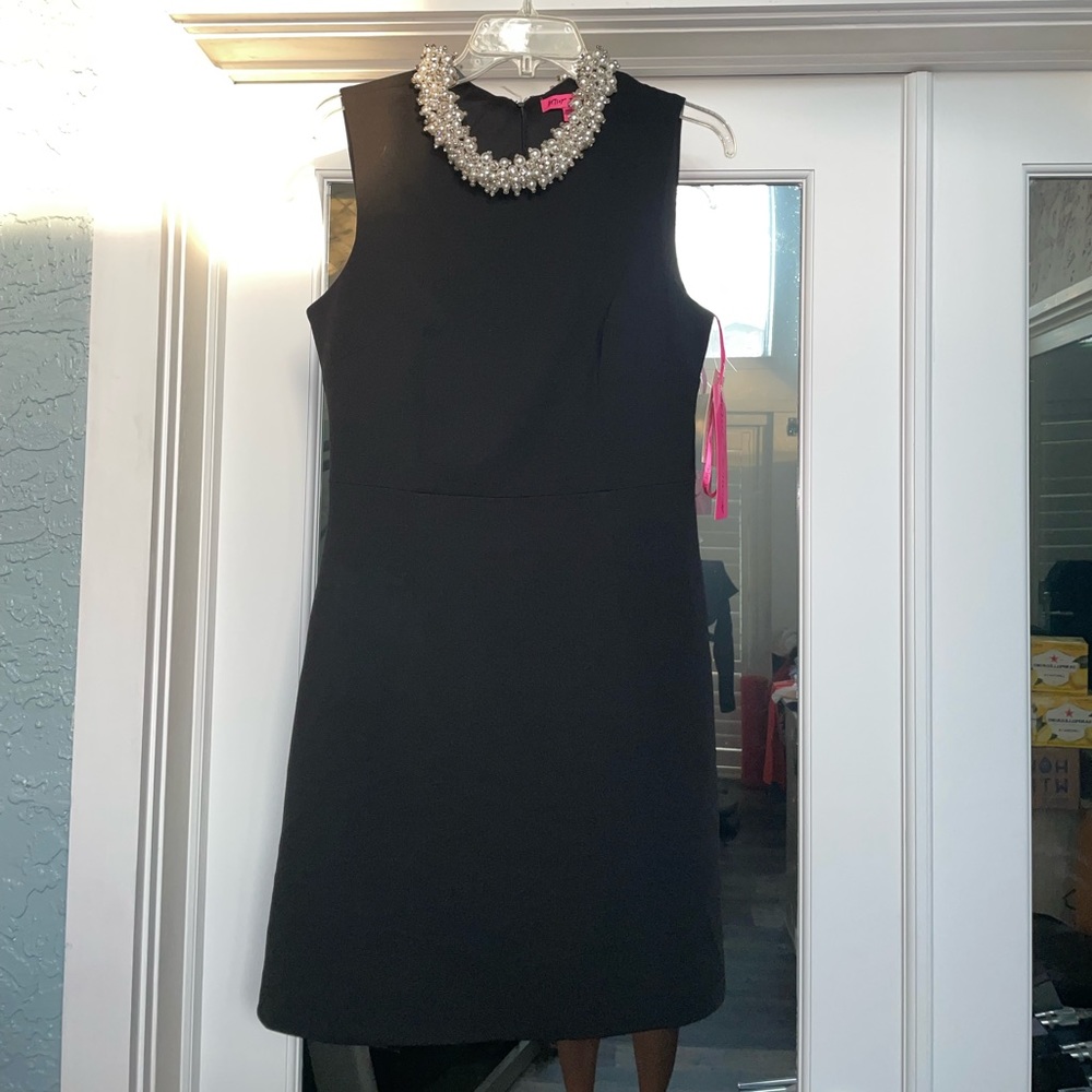 Betsey Johnson Black Sleeveless Dress with Pearl Embellishments